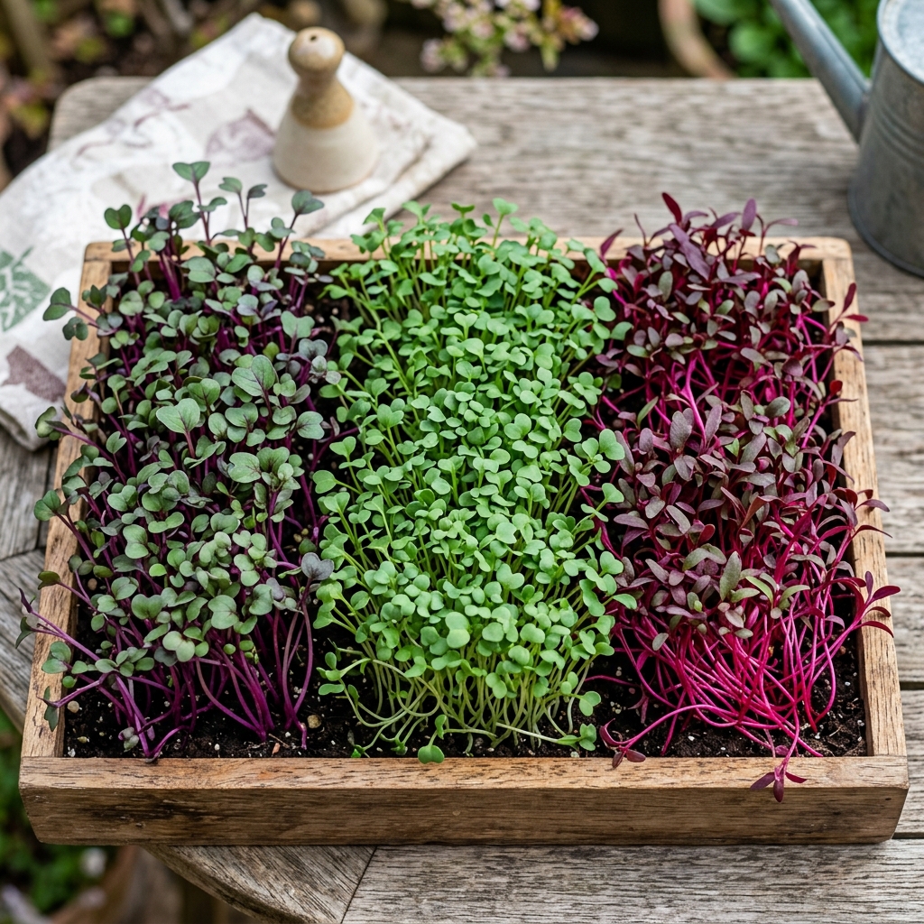 Bandeja de microgreens variados recién cosechados