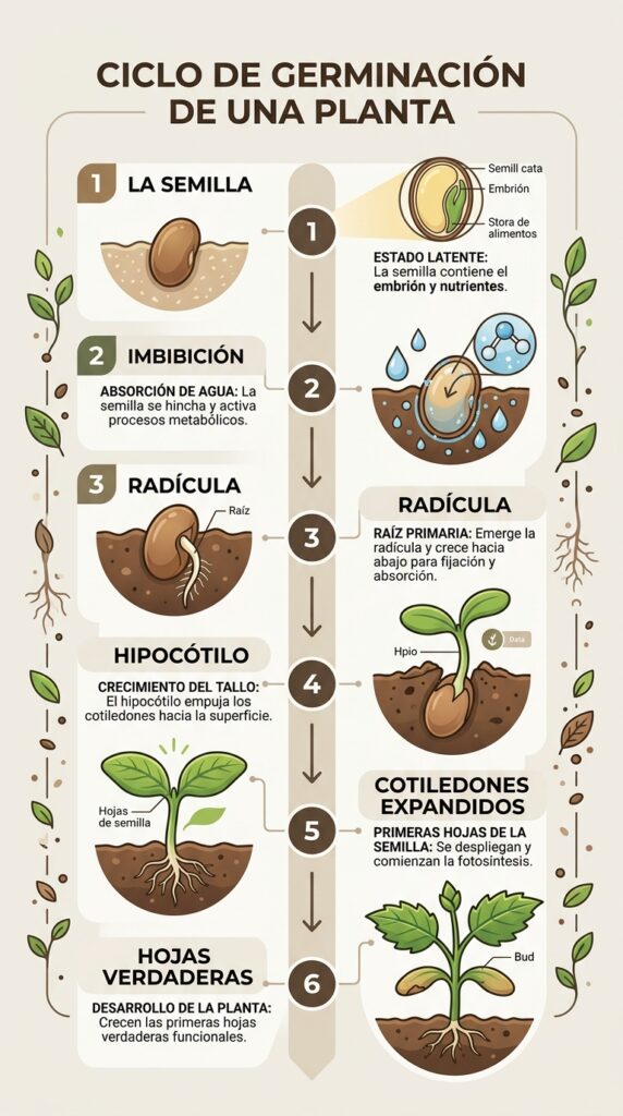 Etapas del desarrollo de un microgreen desde la semilla hasta la hoja verdadera